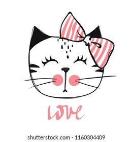 Cute cat vector design. Girly kittens. Fashion Cat's face. Animal print. Cartoon illustration in sketch style. Doodle Kitty. For the design of posters, T-shirts, cards.