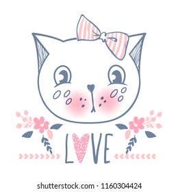 Cute cat vector design. Girly kittens. Fashion Cat's face. Animal print. Cartoon illustration in sketch style. Doodle Kitty. For the design of posters, T-shirts, cards.