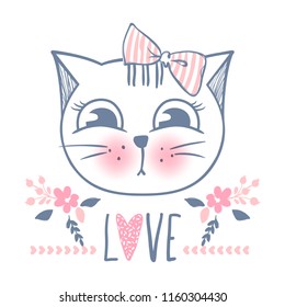 Cute cat vector design. Girly kittens. Fashion Cat's face. Animal print. Cartoon illustration in sketch style. Doodle Kitty. For the design of posters, T-shirts, cards.