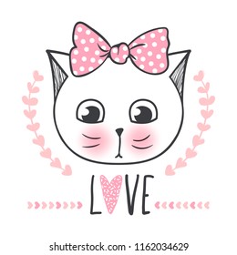 Cute cat vector design. Girly kittens. Fashion Cat's face. Animal print. Cartoon illustration in sketch style. Doodle Kitty. For the design of posters, T-shirts, cards.