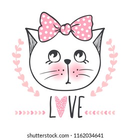 Cute cat vector design. Girly kittens. Fashion Cat's face. Animal print. Cartoon illustration in sketch style. Doodle Kitty. For the design of posters, T-shirts, cards.