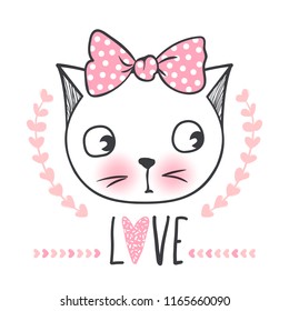 Cute cat vector design. Girly kittens. Fashion Cat's face. Animal print. Cartoon illustration in sketch style. Doodle Kitty. For the design of posters, T-shirts, cards.