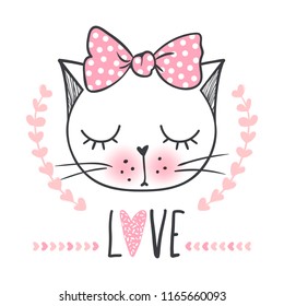 Cute cat vector design. Girly kittens. Fashion Cat's face. Animal print. Cartoon illustration in sketch style. Doodle Kitty. For the design of posters, T-shirts, cards.