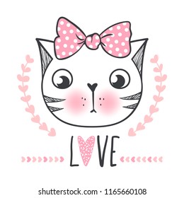 Cute cat vector design. Girly kittens. Fashion Cat's face. Animal print. Cartoon illustration in sketch style. Doodle Kitty. For the design of posters, T-shirts, cards.