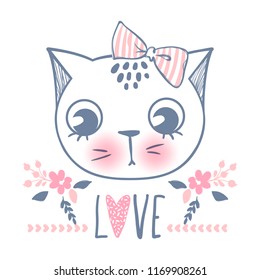 Cute cat vector design. Girly kittens. Fashion Cat's face. Animal print. Cartoon illustration in sketch style. Doodle Kitty. For the design of posters, T-shirts, cards.