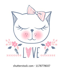 Cute cat vector design. Girly kittens. Fashion Cat's face. Animal print. Cartoon illustration in sketch style. Doodle Kitty. For the design of posters, T-shirts, cards.