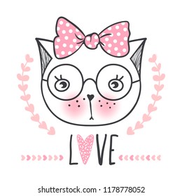 Cute cat vector design. Girly kittens. Fashion Cat's face. Animal print. Cartoon illustration in sketch style. Doodle Kitty. For the design of posters, T-shirts, cards.
