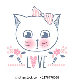 Cute cat vector design. Girly kittens. Fashion Cat's face. Animal print. Cartoon illustration in sketch style. Doodle Kitty. For the design of posters, T-shirts, cards.