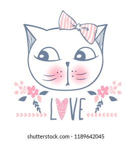 Cute cat vector design. Girly kittens. Fashion Cat's face. Animal print. Cartoon illustration in sketch style. Doodle Kitty. For the design of posters, T-shirts, cards.