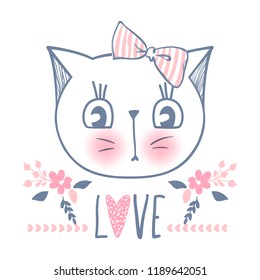 Cute cat vector design. Girly kittens. Fashion Cat's face. Animal print. Cartoon illustration in sketch style. Doodle Kitty. For the design of posters, T-shirts, cards.