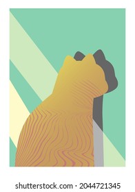 Cute cat vector design, sitting turning around and looking on the window isolated on green background with copy space. Meow slogan. Animal print.  Illustration Vector.