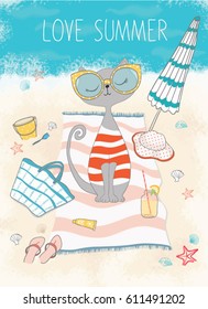 Cute cat vector design sunbathing in the sea.