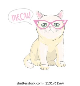 Cute cat vector design.Children illustration for School books and more.Meow slogan. Animal print.