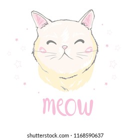 Cute cat vector design.Children illustration for School books and more.Meow slogan. Animal print.