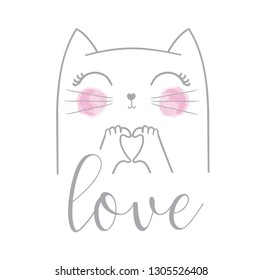 Cute cat vector design.Children illustration for School books and more.Love slogan. Animal print. Valentine's Day.