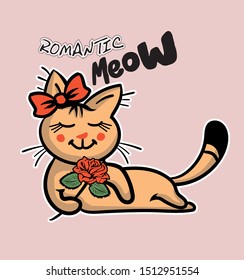 Cute cat vector design.Children illustration for School books and more.Meow slogan. Animal print. 