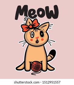 Cute cat vector design.Children illustration for School books and more.Meow slogan. Animal print. 