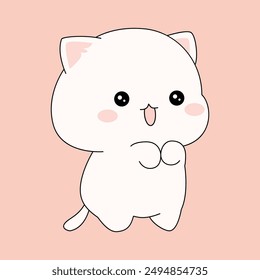 Cute cat vector. Hand drawn vector. Outline cat isolated on pink background. White and pink happy cat Korean style. Cartoon animal. Sketch style design for t-shirt. Anime style kitty.