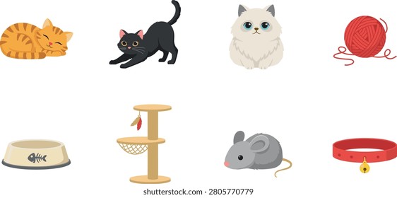 Cute Cat Vector Icon Set with Fluffy Kittens Sleeping Stretching and Pet Accessories Like Toy Mouse Scratching Post Yarn Ball Food Bowl and Collar.eps