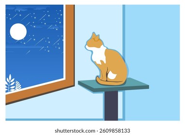 cute cat vector illustration background scenery, looking at the night sky at the edge of the house window with full moon light