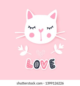 Cute cat vector illustration. Girly kittens. Fashion Cat's face. Cartoon animal. Kitty Baby girl. Funny character.