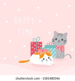 Cute cat vector illustration on pink dot background.Design for banner,greeting card,birthdaycard,printable,etc.Cute pet  cartoon style.