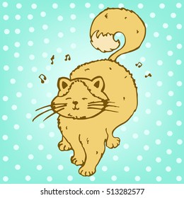 Cute cat vector illustration on blue polka-dot background