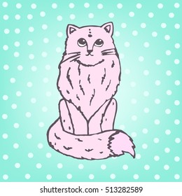 Cute cat vector illustration on blue polka-dot background