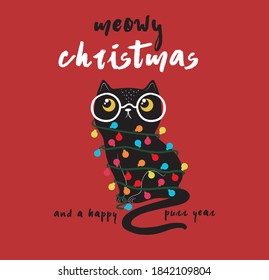 Cute cat vector illustration.Christmas card template. Hand drawn lettering Happy New Year. Perfect brush typography for cards, poster, t-shirt, invitations and other types of holiday design.