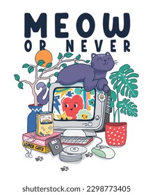 Ilustración vectorial de gatos cortos.Gráficos de camisetas cortas para niños.Afiche de mascotas y letras.Impresión de patrones animales.Gato durmiente en la computadora con plantas.Dibujo divertido de mano de gatitos de dibujos animados.Slogan de Nueva York.