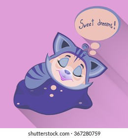 cute cat, vector illustration,icon, cartoon style,sleeping cat, for printing on T-shorts ore postcards