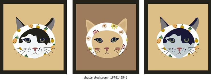 Cute cat vector ilustration,wall arts vector collection.Pattern design for wall framed prints, canvas prints, poster, home decor.