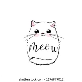 Cute cat vector print design. Meow lettering text. Kitten face vector background. Funny and cool smiling cartoon character. Love baby illustration.