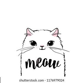 Cute cat vector print design. Meow lettering text. Kitten face vector background. Funny and cool smiling cartoon character. Love baby illustration.