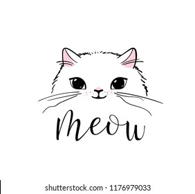 Cute cat vector print design. Meow lettering text. Kitten face vector background. Funny and cool smiling cartoon character. Love baby illustration.