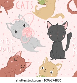 Cute cat vector seamless pattern.  Seamless pattern can be used for wallpapers, pattern fills, web page backgrounds, surface textures. Gorgeous vector background