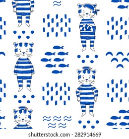 Cute cat vector seamless pattern. Marine style background
