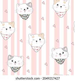 Cute cat vector with sweet cartoon seamless pattern (Kawaii animal): Pastel color kid food dessert bakery product fabulous fashion child decoration cafe shop, Invitation post, t-shirt