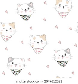 Cute cat vector with sweet cartoon seamless pattern (Kawaii animal): Pastel color kid food dessert bakery product fabulous fashion child decoration cafe shop, Invitation post, t-shirt