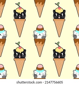 Cute cat vector with sweet ice cream cone cartoon Kawaii animal Pastel color kid food dessert bakery product fabulous fashion child decoration cafe shop, Invitation post, t-shirt EPS