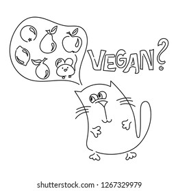 Cute cat vegetarian. Fruit, mouse, "Vegan?" text. Hand drawing, vector illustration.