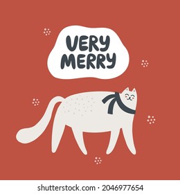 Cute cat  very merry lettering. Hand drawn vector illustration. Christmas card template.