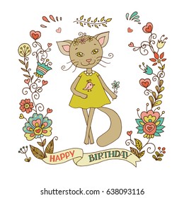 Cute cat with vintage frame for your design in doodle style. The phrase on a ribbon: Happy birthday. Cartoon illustration for wedding invitations and romantic cards, birthday and other holiday.