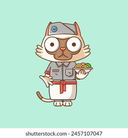 Cute cat waiter animal kawaii chibi character mascot illustration outline style design set