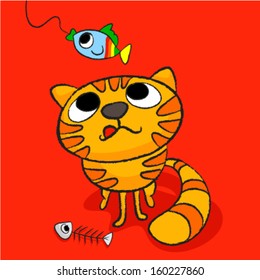 A cute cat waiting for new fish. Vector illustration