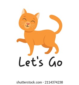 Cute cat walking, cartoon flat vector illustration isolated on white background. Funny animal standing. White and ginger pet looks playful.