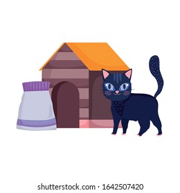 cute cat walking front house with food package pets vector illustration