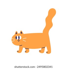 Cute cat walking. Funny comic feline. Adorable kawaii kitty going with tail up. Happy humorous pet animal. Kids childish humor, flat graphic vector illustration isolated on white background