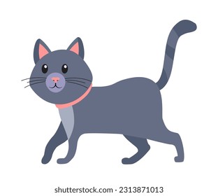 Cute cat walking in funny pose vector illustration. Cartoon isolated little gray animal with amusing whiskers on face, domestic cat with tail and paws, friendly expression of fluffy adorable kitten.