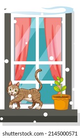 Cute cat walking on narrow window with snow falling illustration